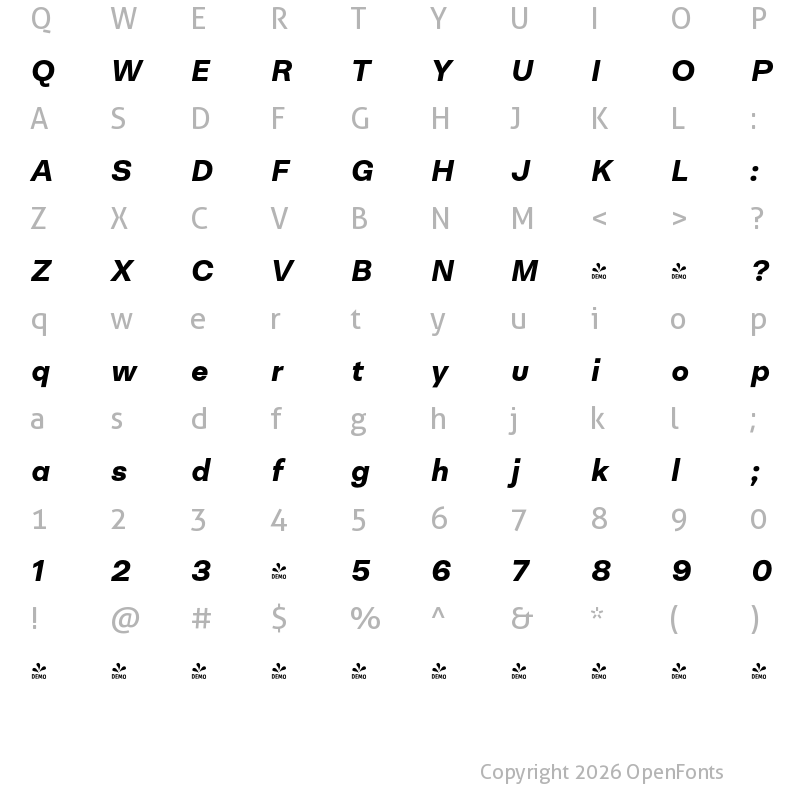 Character Map of FONTSPRING DEMO - Neogrotesk Ess Alt Black It Regular