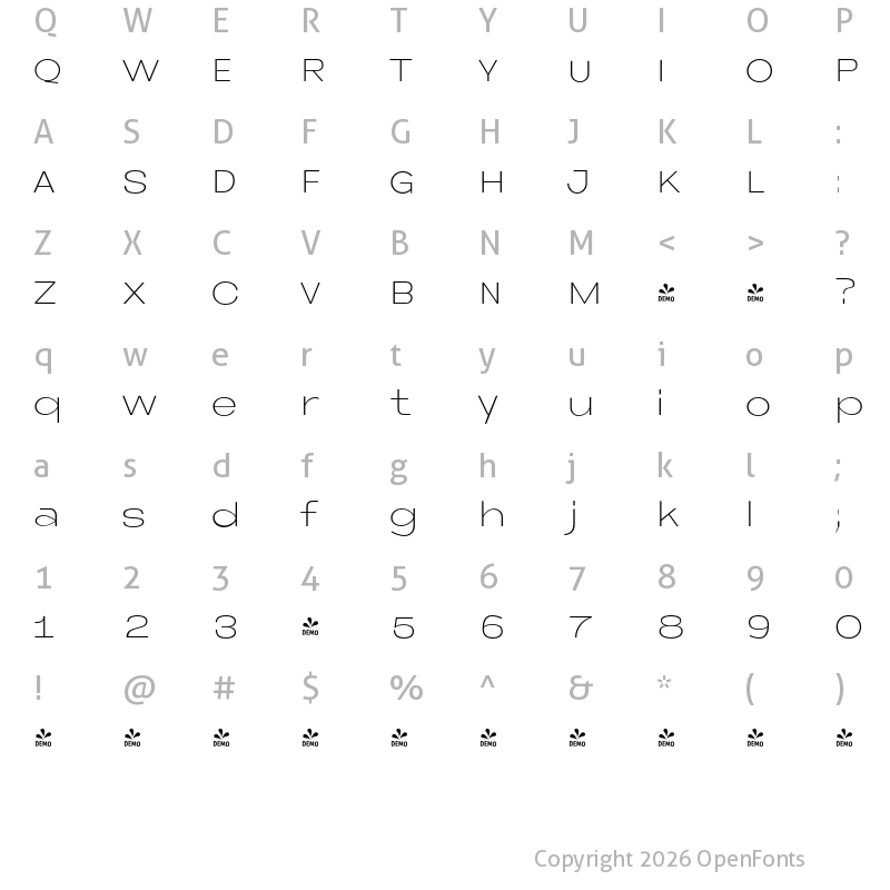 Character Map of FONTSPRING DEMO - Neue Metana ExtLt Regular