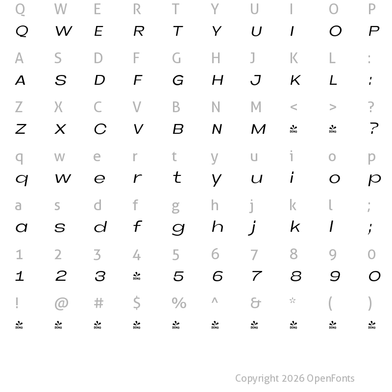 Character Map of FONTSPRING DEMO - Neue Metana Italic