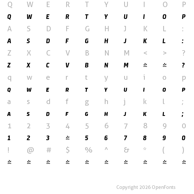 Character Map of FONTSPRING DEMO - Neuron Angled SC Extrabold Extrabold Italic