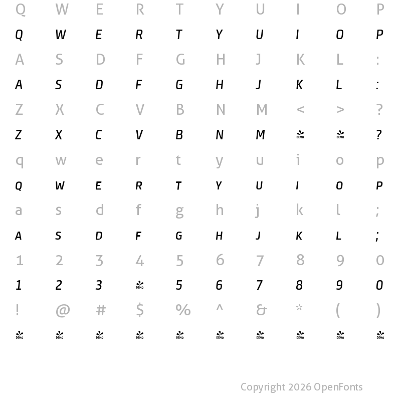 Character Map of FONTSPRING DEMO - Neuron Angled SC Italic