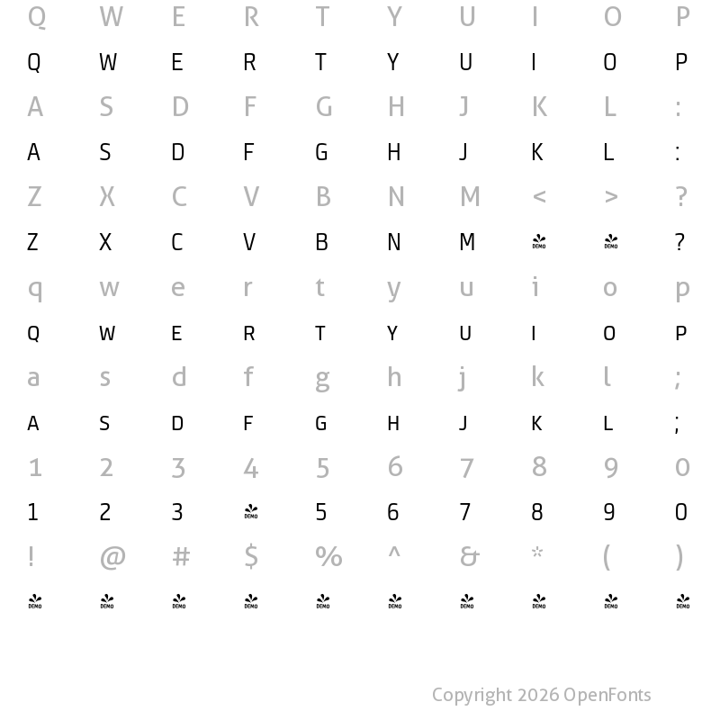Character Map of FONTSPRING DEMO - Neuron Angled SC Light Light
