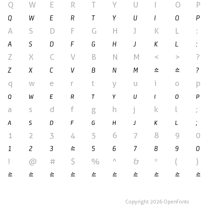 Character Map of FONTSPRING DEMO - Neuron Angled SC Light Light Italic