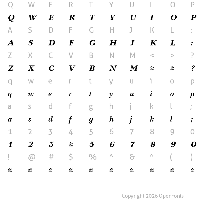 Character Map of FONTSPRING DEMO - Neva Bold Italic
