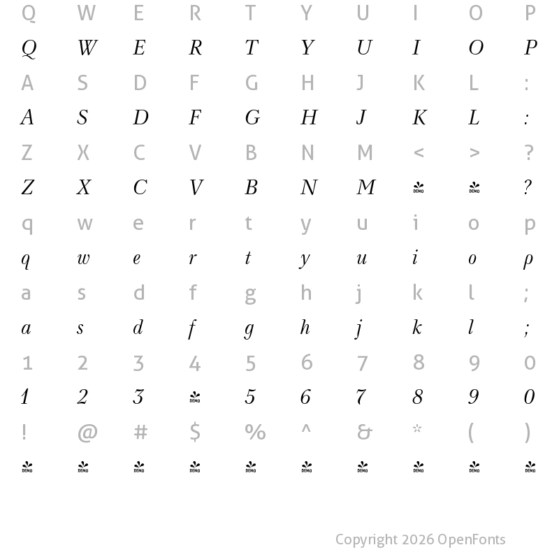 Character Map of FONTSPRING DEMO - Neva Italic