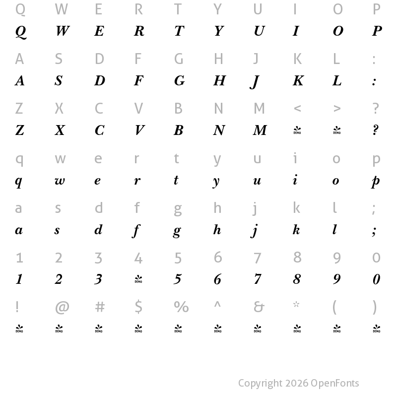 Character Map of FONTSPRING DEMO - New Baskerville FS Bold Italic