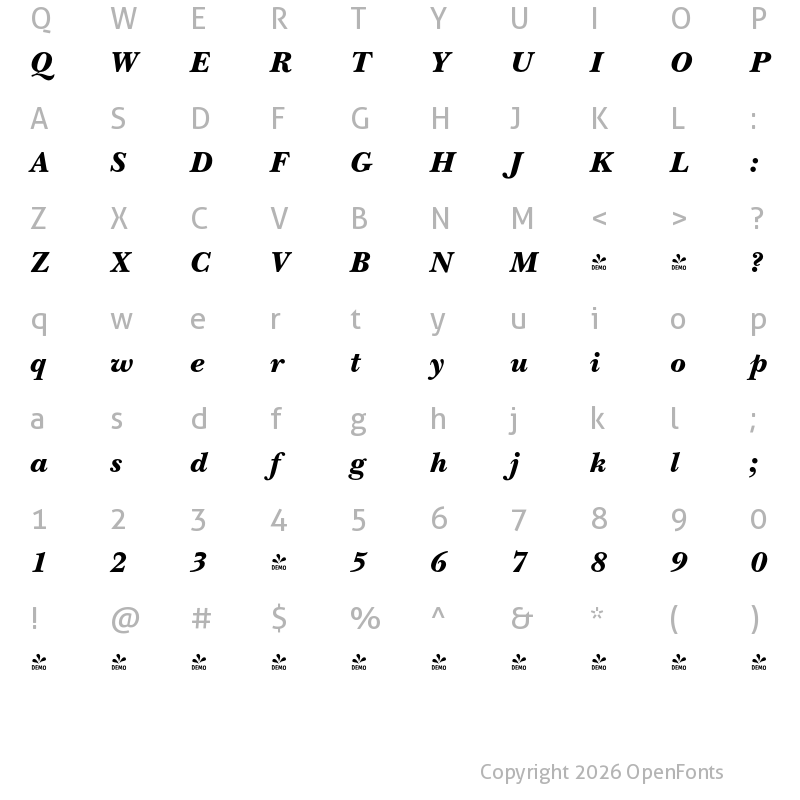 Character Map of FONTSPRING DEMO - New Baskerville FS SemiBd Bold Italic