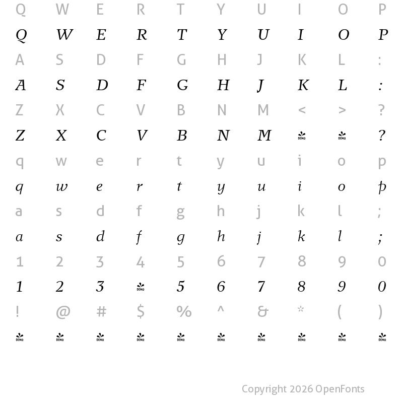 Character Map of FONTSPRING DEMO - New Journal Italic