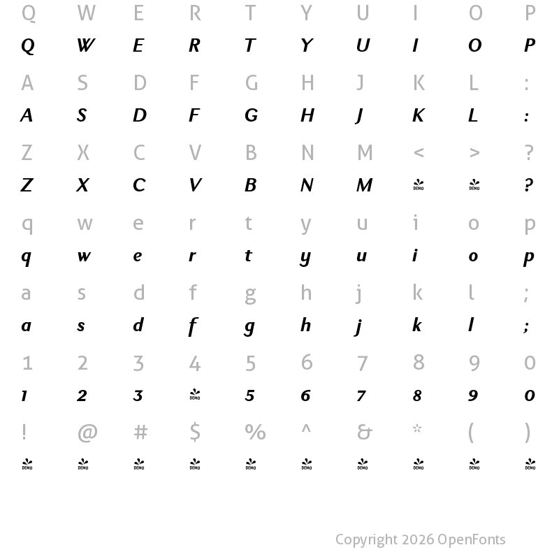 Character Map of FONTSPRING DEMO - New Millennium Bold Italic