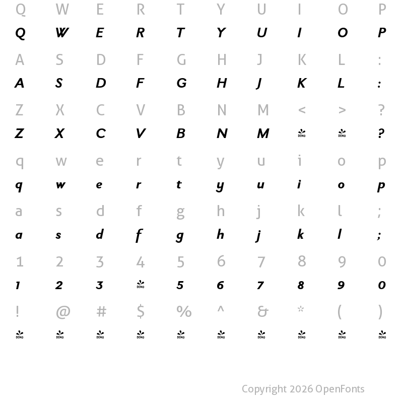 Character Map of FONTSPRING DEMO - New Millennium Linear Italic