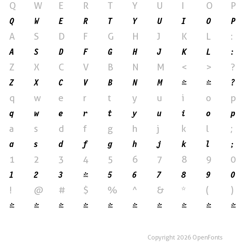 Character Map of FONTSPRING DEMO - NewLetterGothic Bold Italic