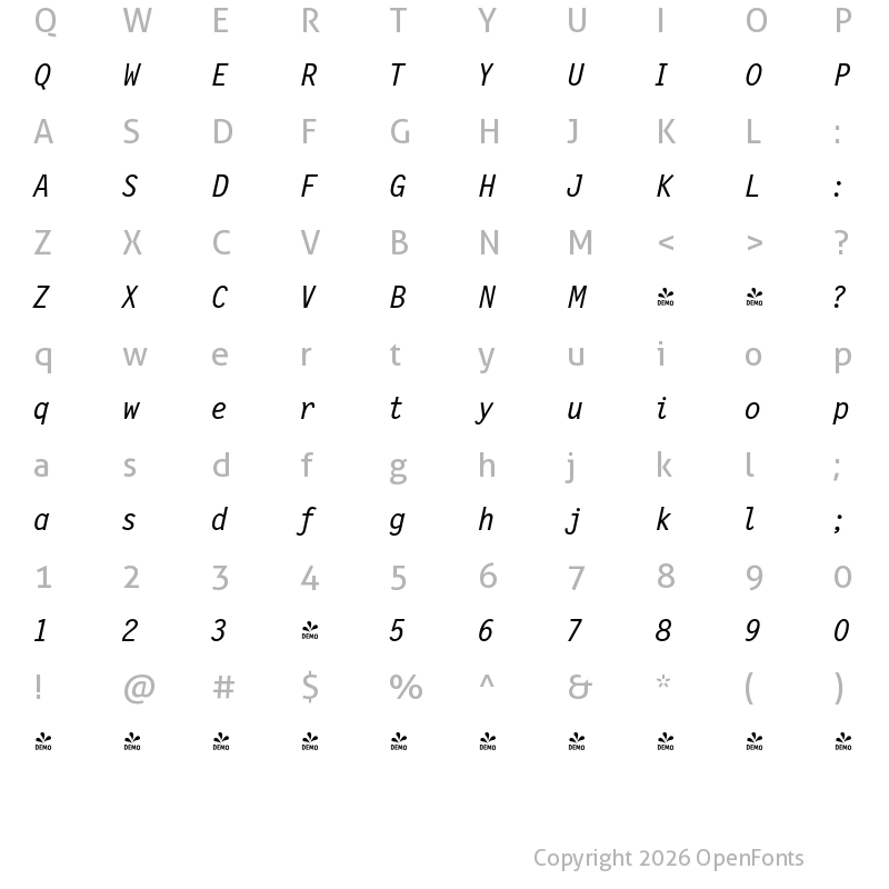 Character Map of FONTSPRING DEMO - NewLetterGothic Italic