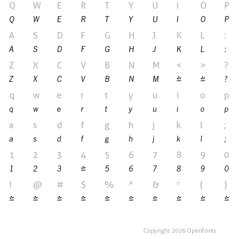 Character Map of FONTSPRING DEMO - News Gothic FS Book Italic