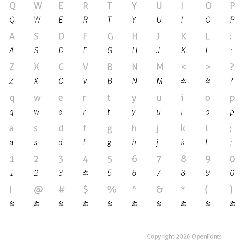 Character Map of FONTSPRING DEMO - News Gothic FS Light Italic