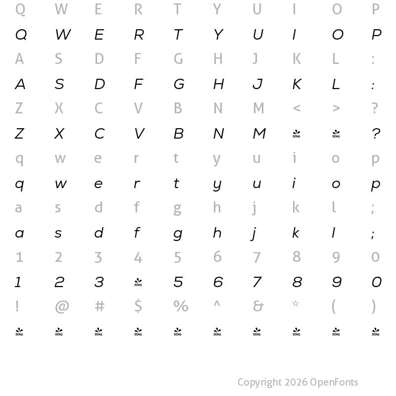 Character Map of FONTSPRING DEMO - Nexa Book Italic Regular