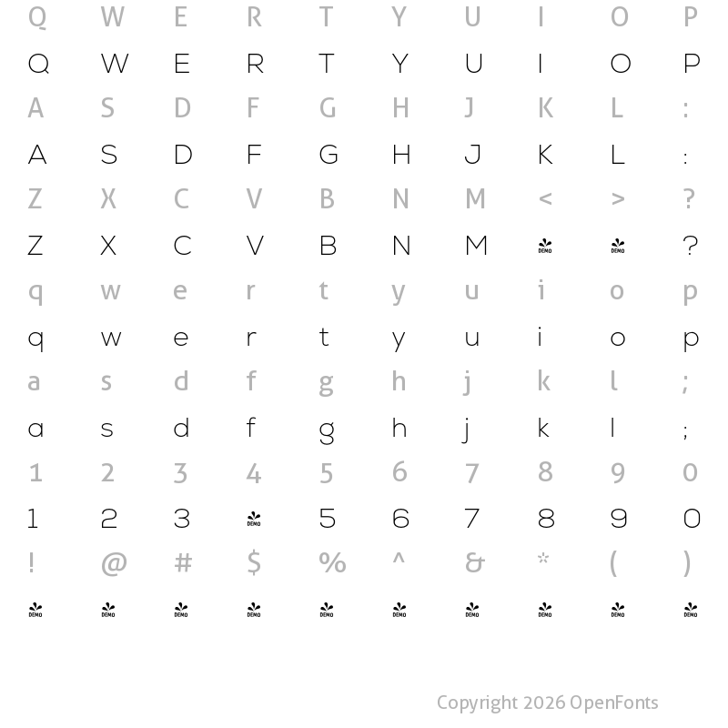 Character Map of FONTSPRING DEMO - Nexa Extra Light Regular