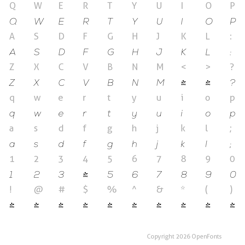 Character Map of FONTSPRING DEMO - Nexa Thin Italic Regular