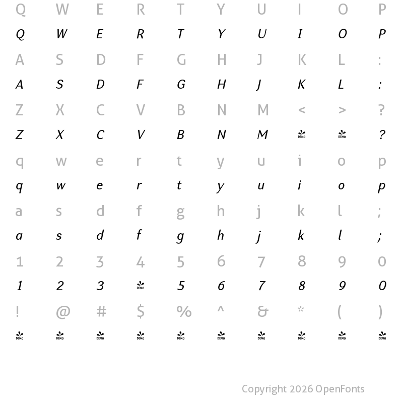 Character Map of FONTSPRING DEMO - Nic Medium Italic