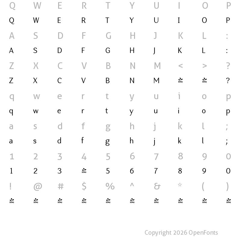Character Map of FONTSPRING DEMO - Nic Normal Regular