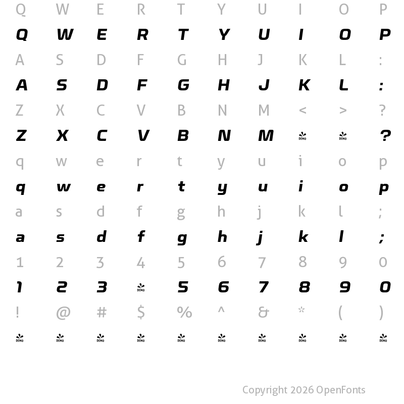 Character Map of FONTSPRING DEMO - Nicomedia Bold Italic