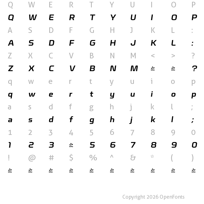 Character Map of FONTSPRING DEMO - Nicomedia SemBd Ita Italic