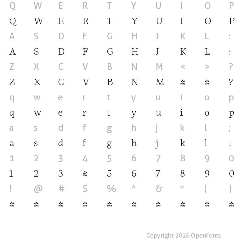Character Map of FONTSPRING DEMO - Ninfa Serif Light Regular