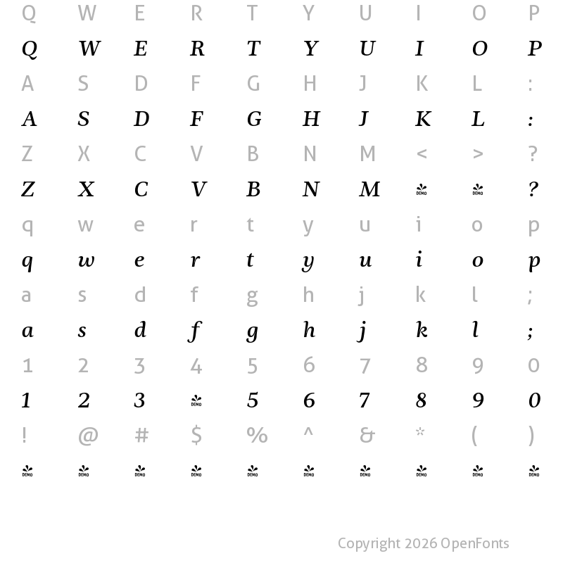 Character Map of FONTSPRING DEMO - Ninfa Serif Semibold Italic