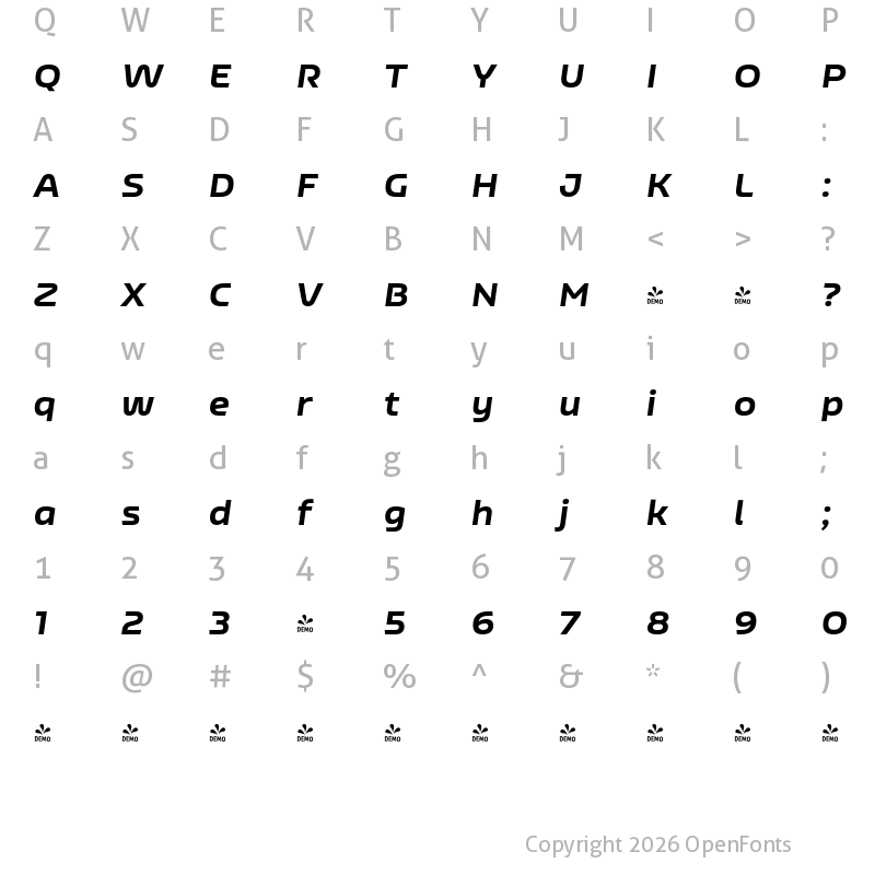 Character Map of FONTSPRING DEMO - Nizzoli Alt Black It Regular