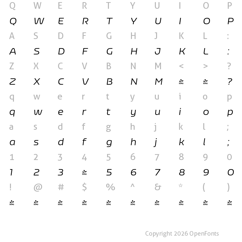 Character Map of FONTSPRING DEMO - Nizzoli Alt It Regular