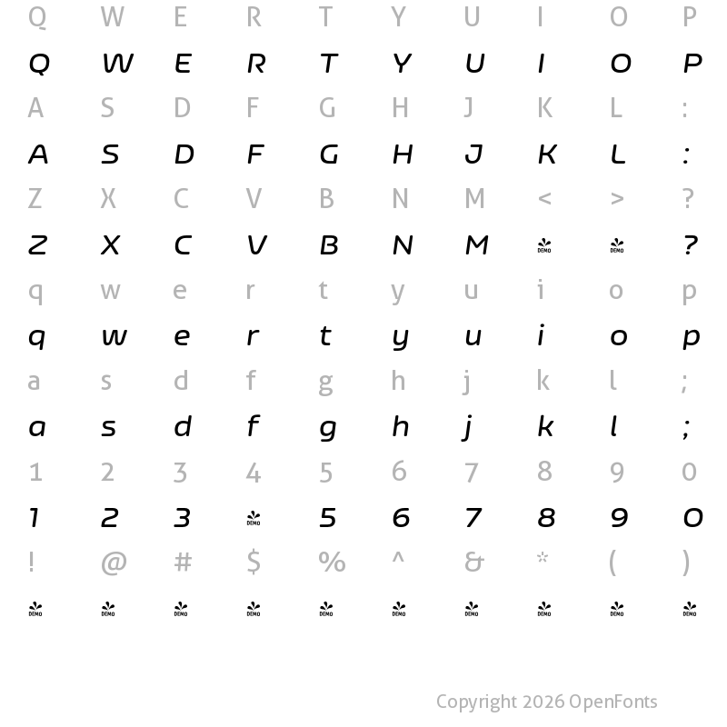 Character Map of FONTSPRING DEMO - Nizzoli Alt Rd SemiBold It Regular