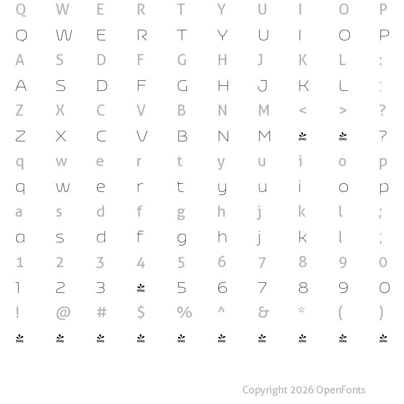 Character Map of FONTSPRING DEMO - Nizzoli Alt Rd Thin Regular