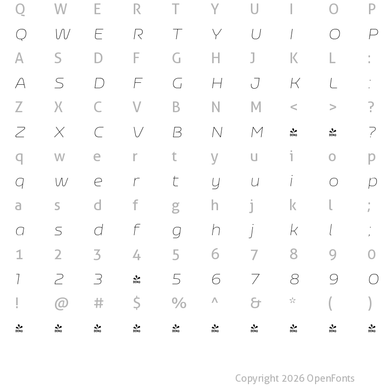 Character Map of FONTSPRING DEMO - Nizzoli Alt Thin It Regular