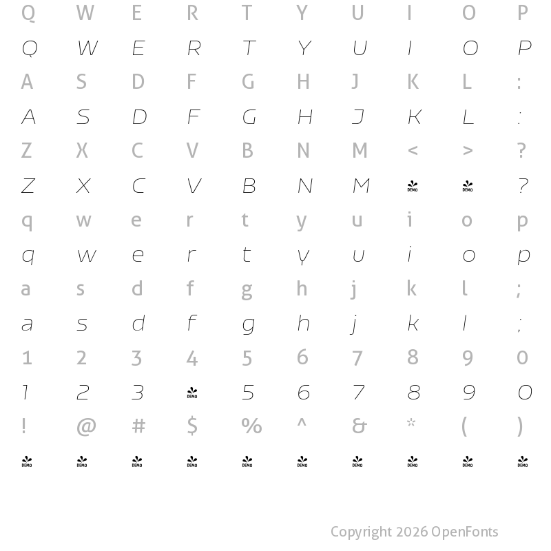 Character Map of FONTSPRING DEMO - Nizzoli Rd Thin It Regular
