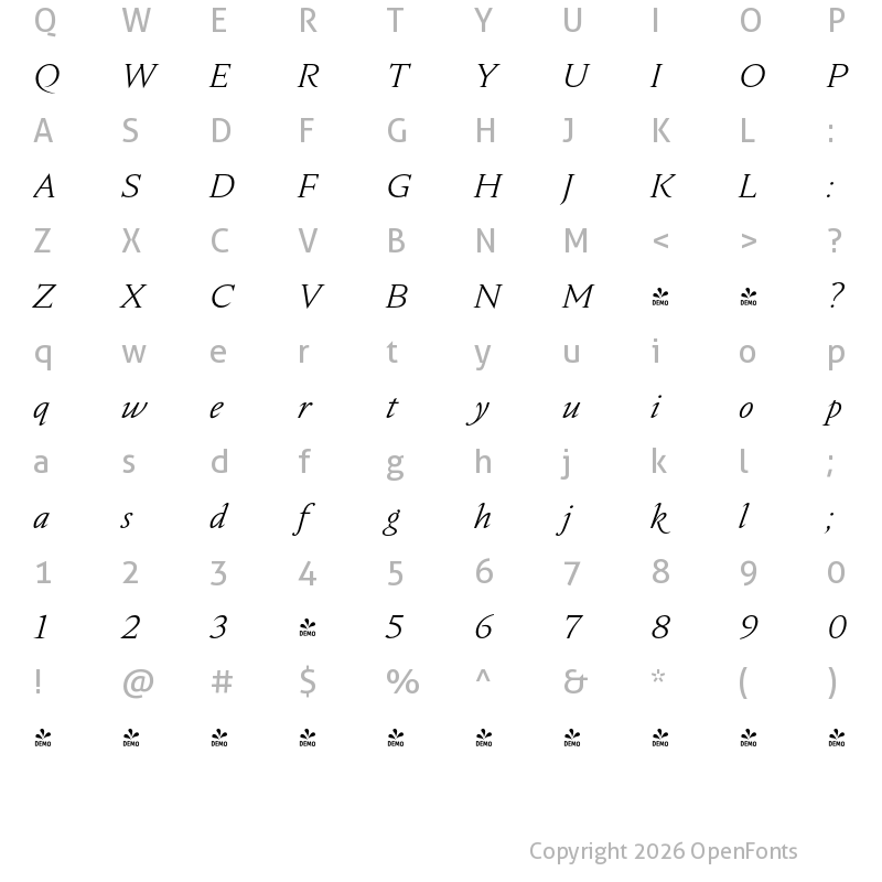 Character Map of FONTSPRING DEMO - Nocturne Serif Light Italic Regular