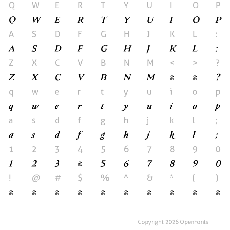 Character Map of FONTSPRING DEMO - Nocturne Serif Medium Italic Regular