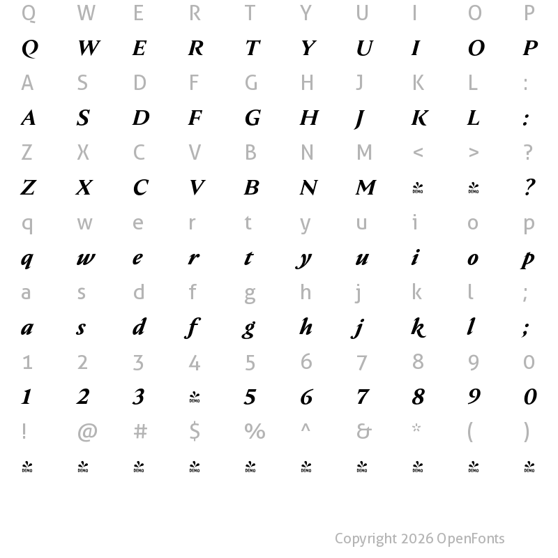 Character Map of FONTSPRING DEMO - Nocturne Serif SemiBold Italic Regular