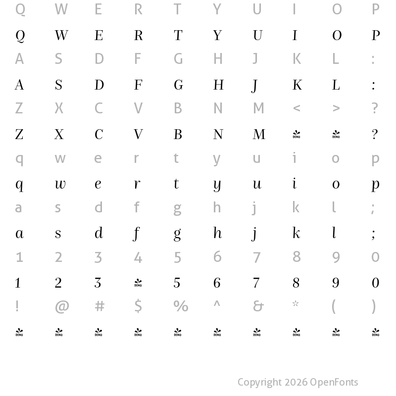 Character Map of FONTSPRING DEMO - Nomada Didone Light Italic