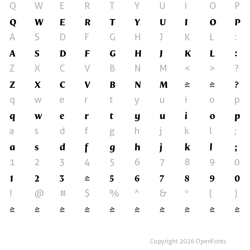 Character Map of FONTSPRING DEMO - Nomada Incise Bold Italic