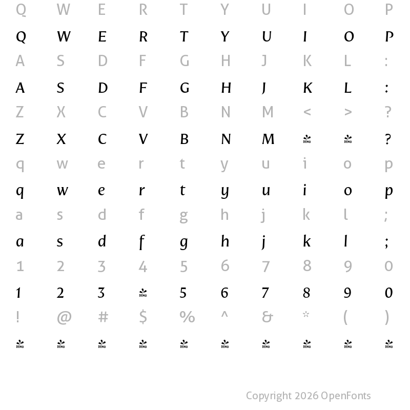 Character Map of FONTSPRING DEMO - Nomada Incise Italic