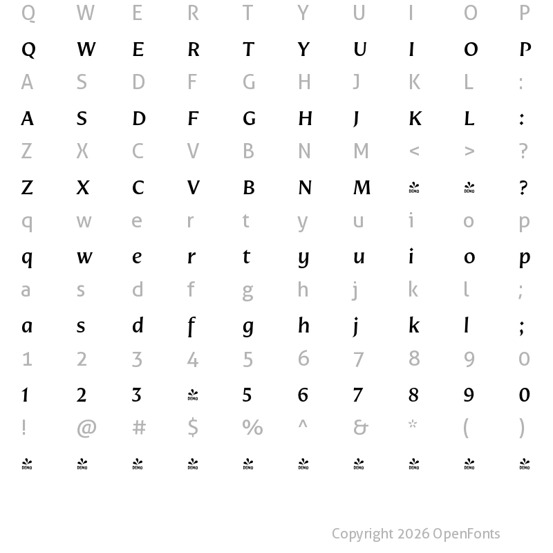 Character Map of FONTSPRING DEMO - Nomada Incise Medium Italic