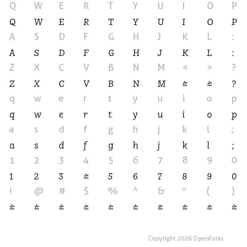 Character Map of FONTSPRING DEMO - Nomada Slab Light Italic