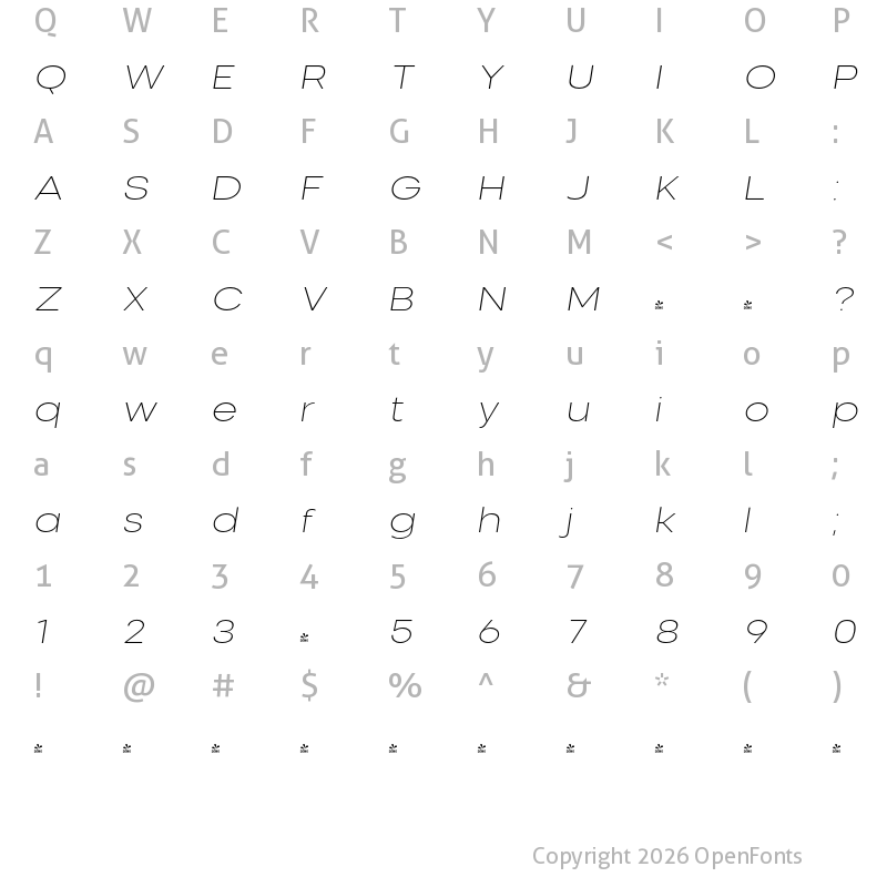 Character Map of FONTSPRING DEMO - Nominee Extra Light Extended Italic