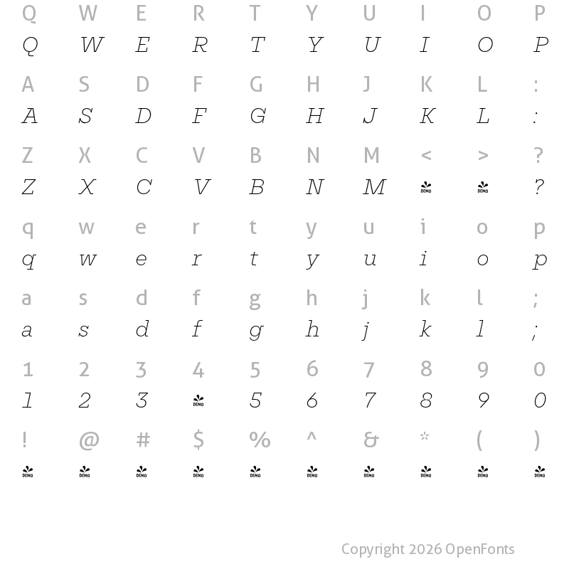 Character Map of FONTSPRING DEMO - Nomos Slab ExtraLight Italic