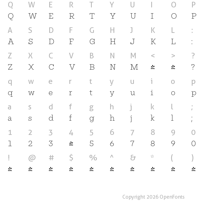 Character Map of FONTSPRING DEMO - Nomos Slab ExtraLight Regular