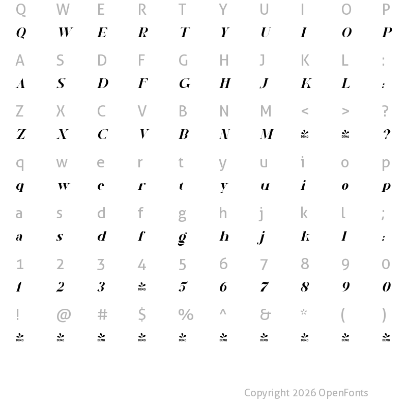 Character Map of FONTSPRING DEMO - Nortika Italic