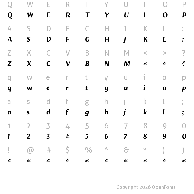 Character Map of FONTSPRING DEMO - Novaletra Sans CF Ext Bold Italic
