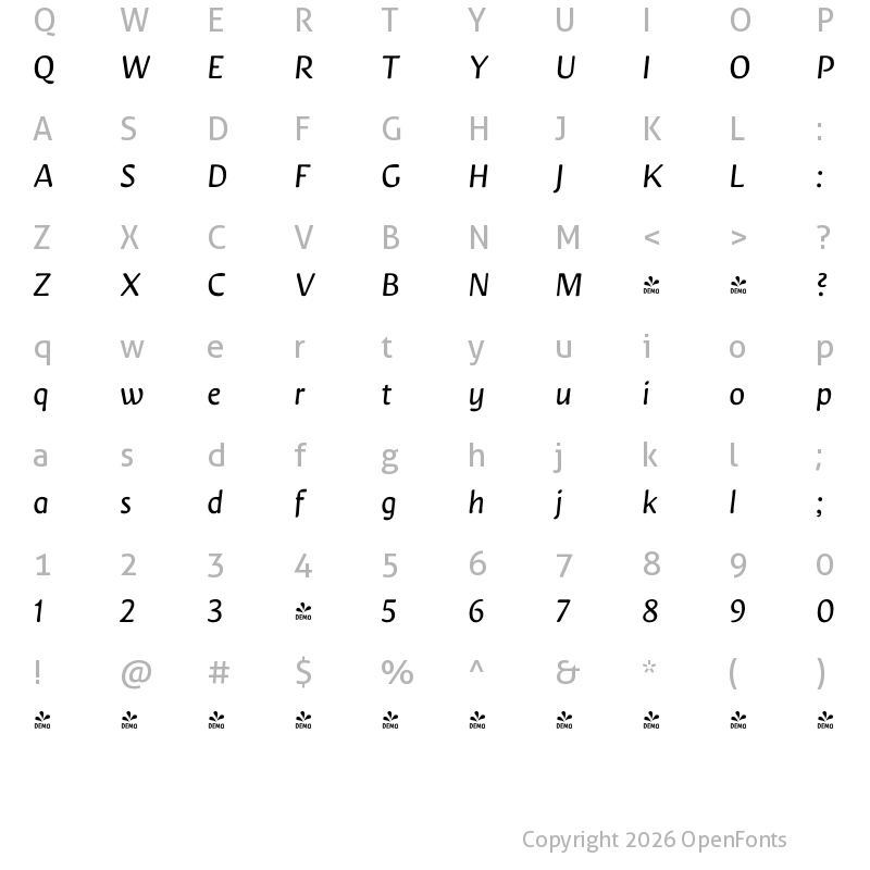 Character Map of FONTSPRING DEMO - Novaletra Sans CF Light Italic