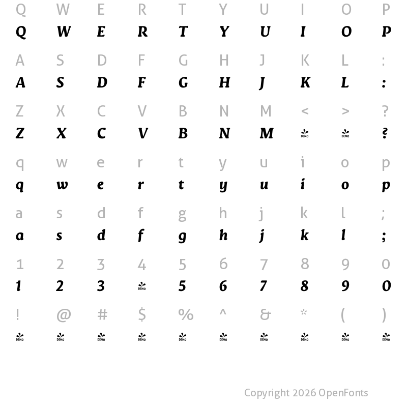 Character Map of FONTSPRING DEMO - Novaletra Serif CF Heavy Italic