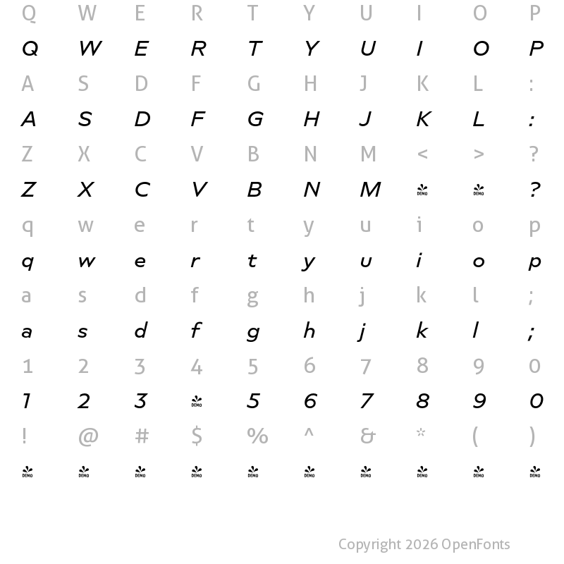 Character Map of FONTSPRING DEMO - Novera Modern Medium Italic