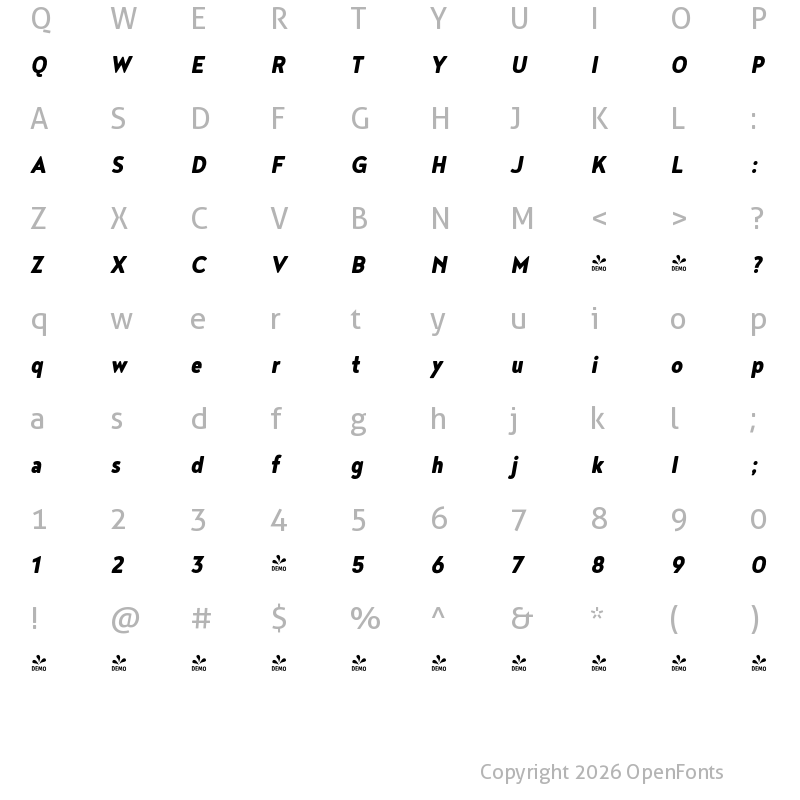 Character Map of FONTSPRING DEMO - Noyh Slim Black Bold Italic